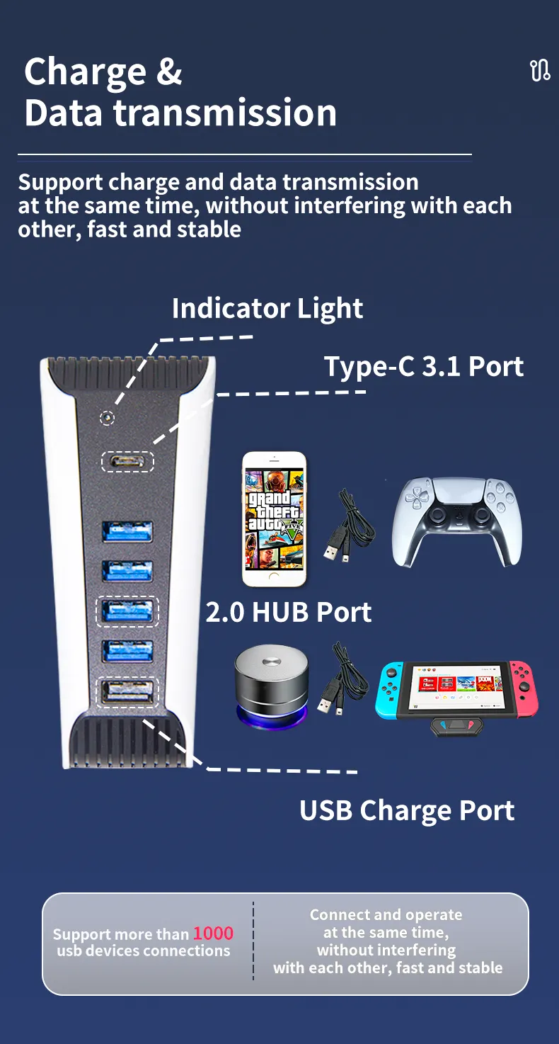 PS5 koelventilator met 3 ventilatoren Uitgebreide USB-interface voor PS5